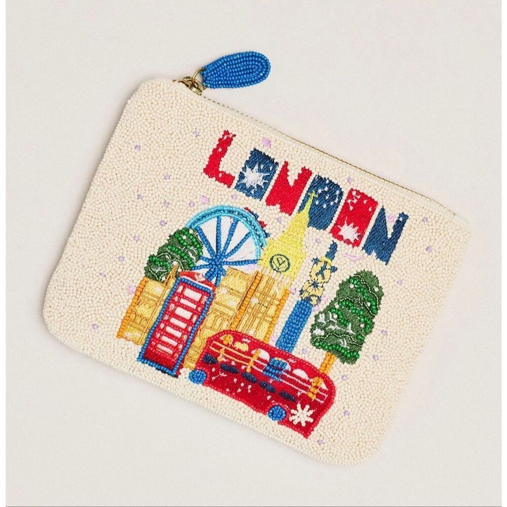 Anthropologie * Daniella Manini Beaded London City Pouch Clutch Cream NWT